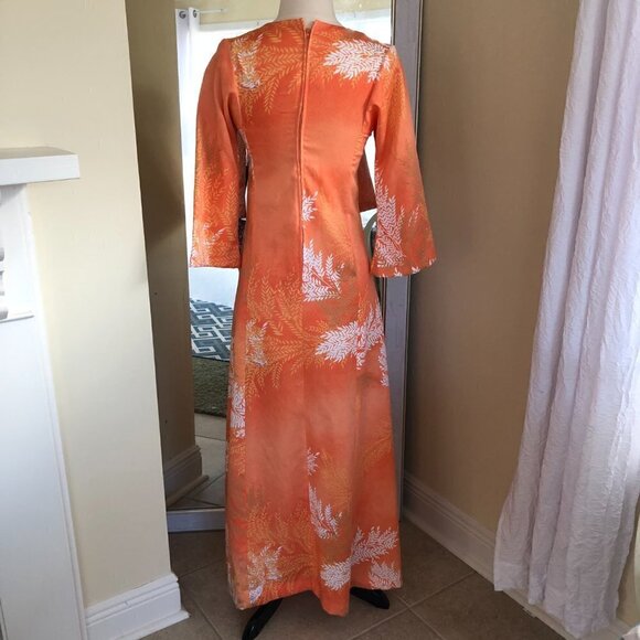 Vintage Andrade Maxi Hostess Dress Small Soft Orange Leaf Print Flare Sleeves - Picture 4 of 9
